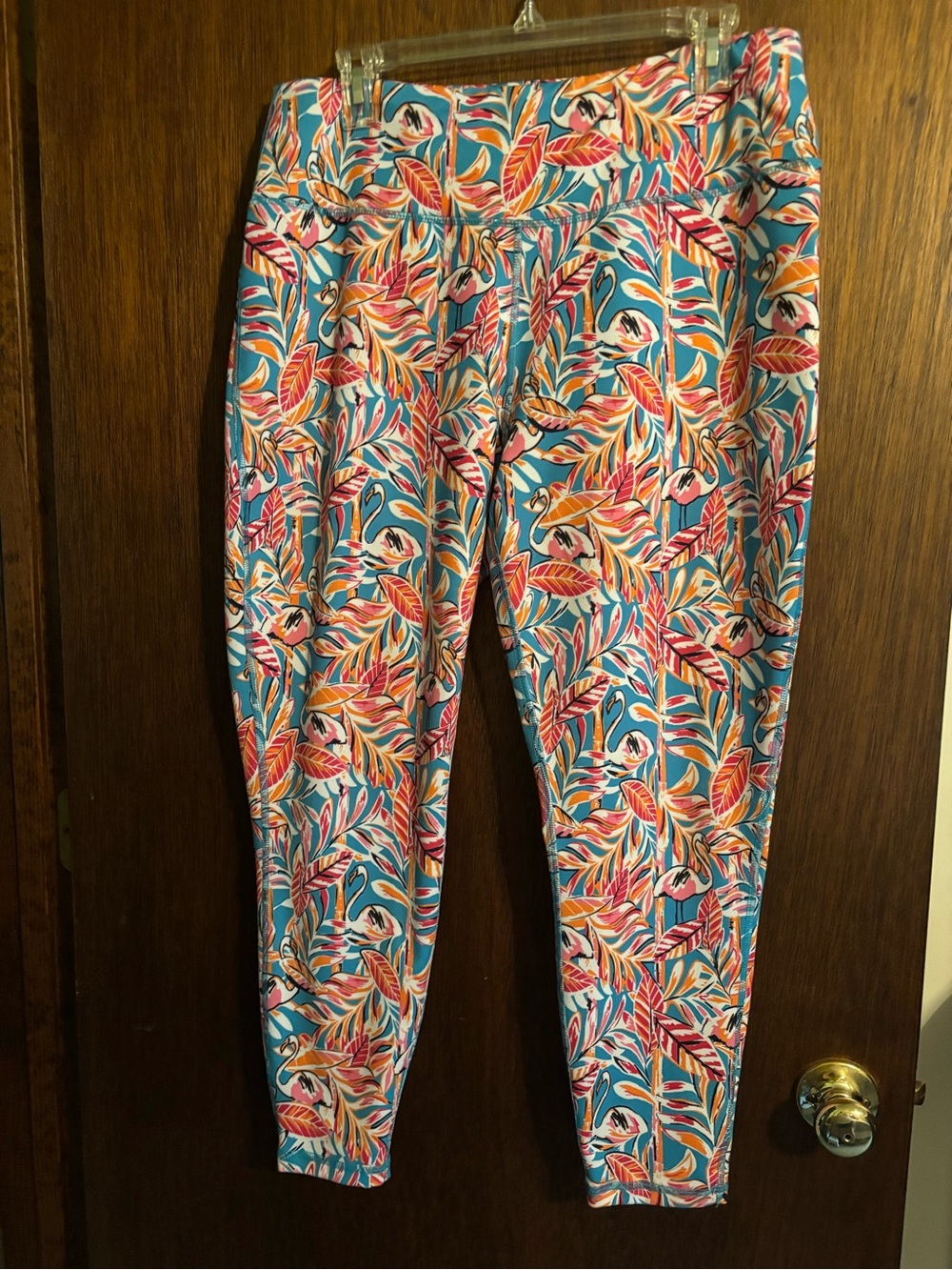 Tropical Leaf Print Leggings - Turquoise Pink